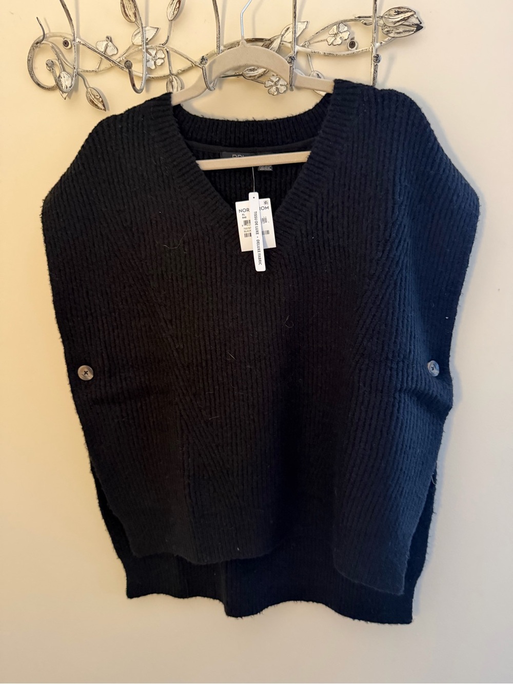 Black V-Neck Ribbed Sweater Vest with Side Button Detail